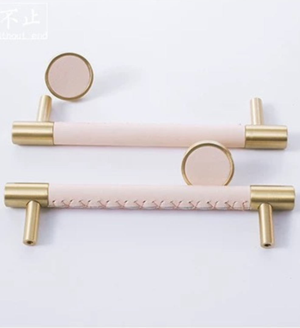 Leather & Brushed Brass Cabinetry Knob - Circle - Soft Pink